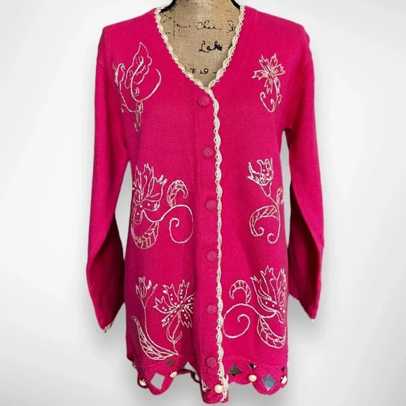 STORYBOOK KNITS Vintage Henna Floral Pink Cardigan‎ W/ Embroidery Medium NWT - Picture 1 of 14